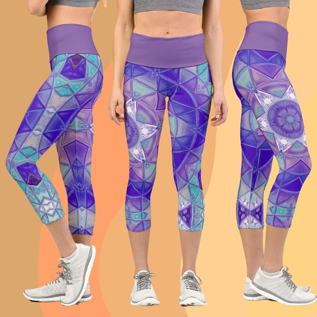 Mosaic Mandala Flower Purple Blue and White Capri Leggings (Creator Uploaded)