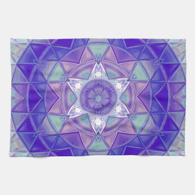 Mosaic Mandala Flower Purple Blue and White Tea Towel (Horizontal)