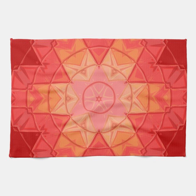 Mosaic Mandala Flower Red and Orange Tea Towel (Horizontal)