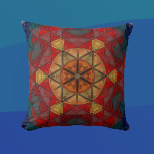 Mosaic Mandala Flower Red Blue and Yellow Cushion