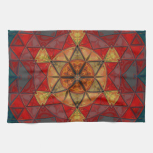 Mosaic Mandala Flower Red Blue and Yellow Tea Towel