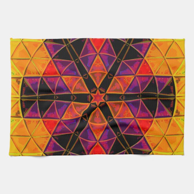 Mosaic Mandala Flower Red Purple and Orange Tea Towel (Horizontal)