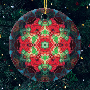 Mosaic Mandala Flower Red Teal and Blue Ceramic Tree Decoration