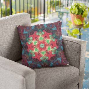 Mosaic Mandala Flower Red Teal and Blue Cushion