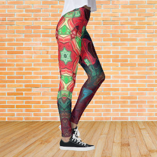Mosaic Mandala Flower Red Teal and Blue Leggings