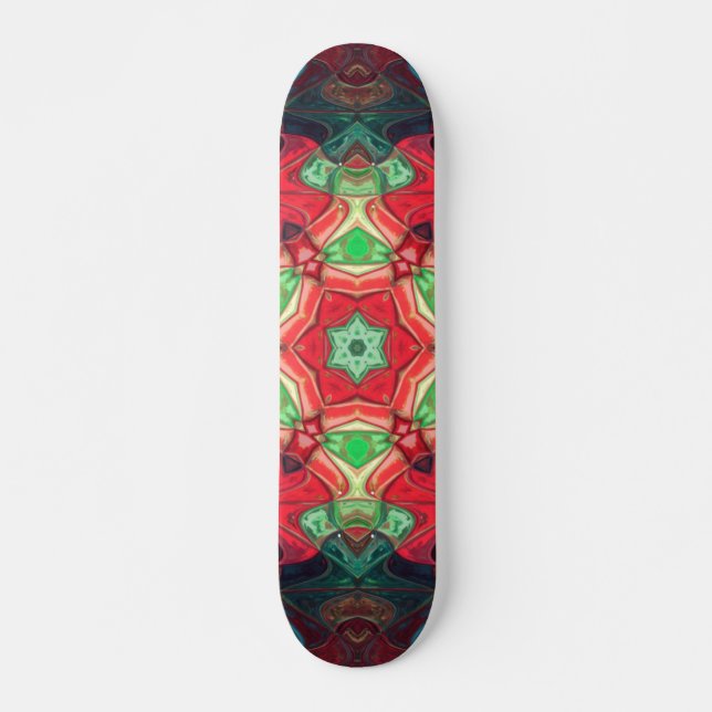 Mosaic Mandala Flower Red Teal and Blue Skateboard (Front)
