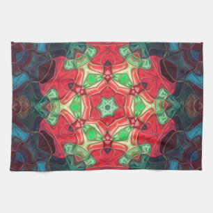 Mosaic Mandala Flower Red Teal and Blue Tea Towel
