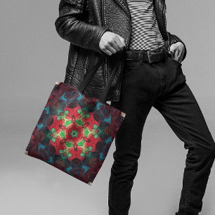 Mosaic Mandala Flower Red Teal and Blue Tote Bag