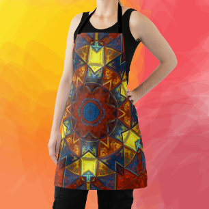 Mosaic Mandala Flower Red Yellow and Blue Apron