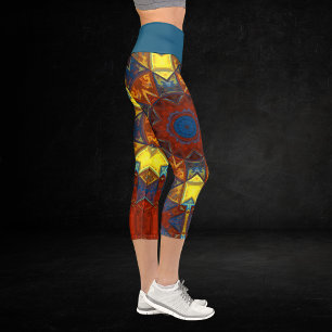 Mosaic Mandala Flower Red Yellow and Blue Leggings