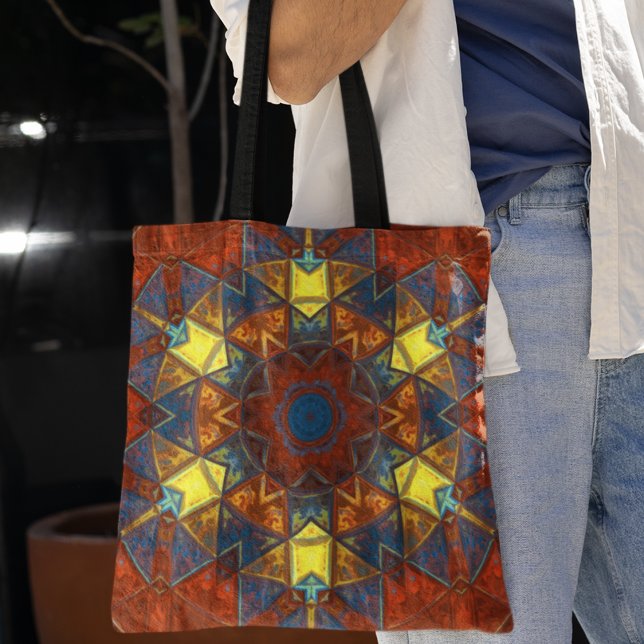 Mosaic Mandala Flower Red Yellow and Blue Tote Bag (Creator Uploaded)