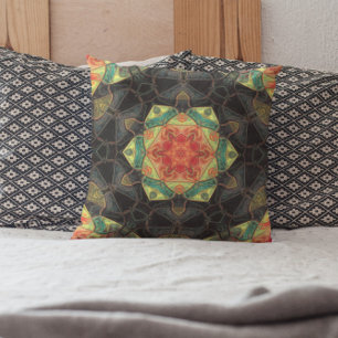Mosaic Mandala Flower Red Yellow Green and Black Cushion