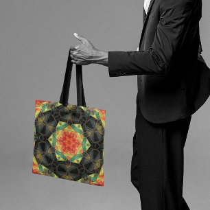 Mosaic Mandala Flower Red Yellow Green and Black Tote Bag