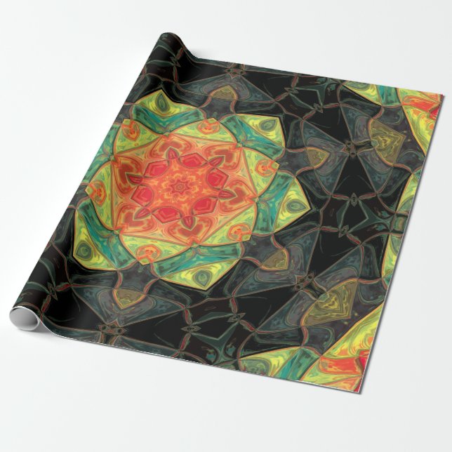 Mosaic Mandala Flower Red Yellow Green and Black Wrapping Paper (Unrolled)