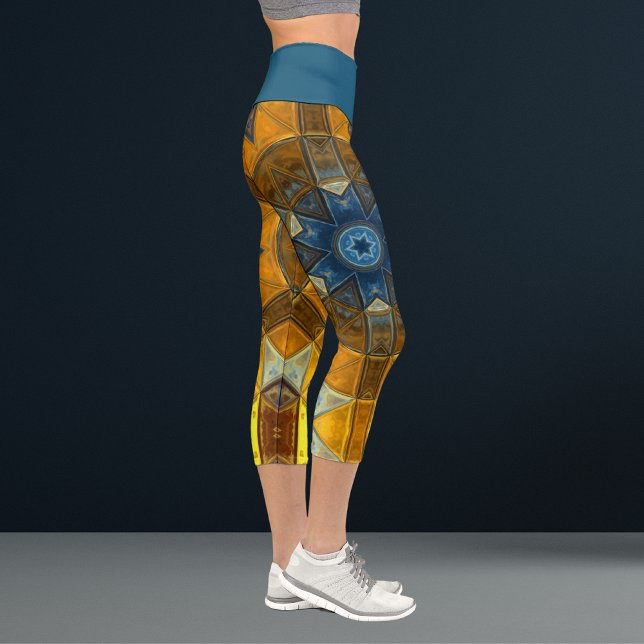 Mosaic Mandala Flower Yellow and Blue Capri Leggings (Creator Uploaded)