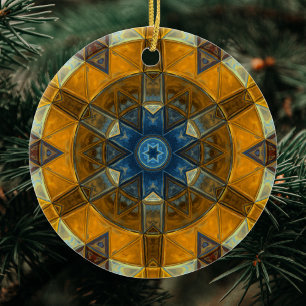 Mosaic Mandala Flower Yellow and Blue Ceramic Tree Decoration