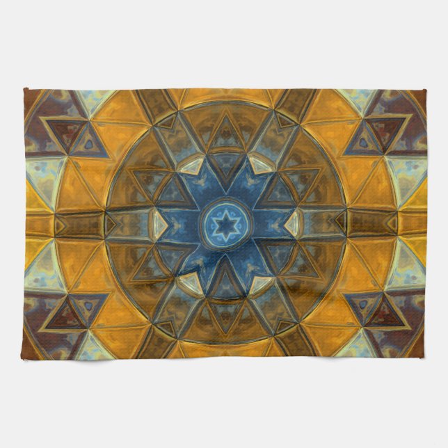 Mosaic Mandala Flower Yellow and Blue Tea Towel (Horizontal)