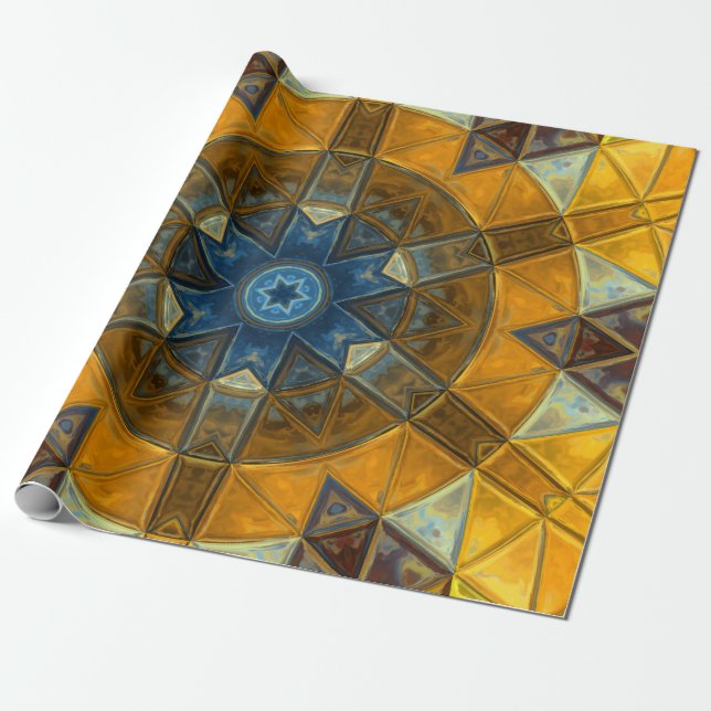 Mosaic Mandala Flower Yellow and Blue Wrapping Paper (Unrolled)