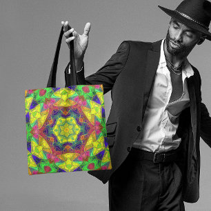 Mosaic Mandala Flower Yellow Blue and Green Tote Bag