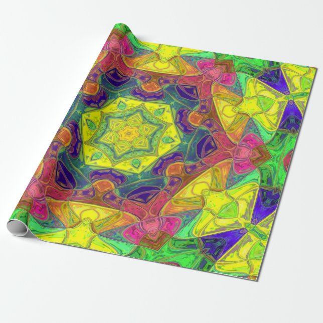 Mosaic Mandala Flower Yellow Blue and Green Wrapping Paper (Unrolled)