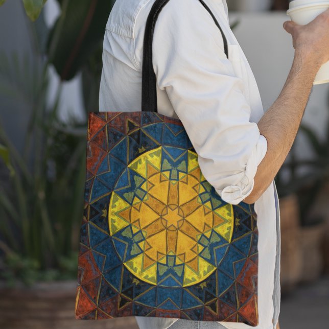 Mosaic Mandala Flower Yellow Blue and Red Tote Bag (Creator Uploaded)