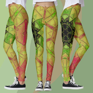Mosaic Mandala Flower Yellow Green and Pink Leggings