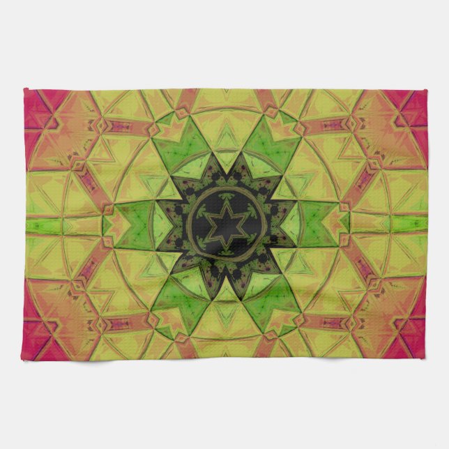 Mosaic Mandala Flower Yellow Green and Pink Tea Towel (Horizontal)