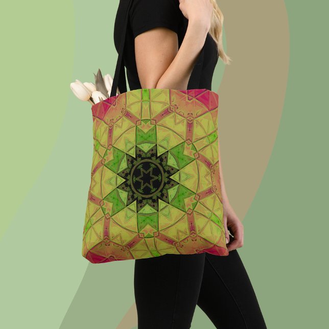 Mosaic Mandala Flower Yellow Green and Pink Tote Bag (Creator Uploaded)