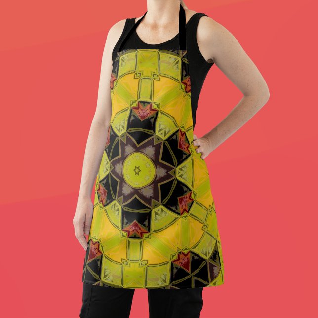 Mosaic Mandala Flower Yellow Green Red and Black Apron (Creator Uploaded)