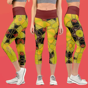 Mosaic Mandala Flower Yellow Green Red and Black Capri Leggings
