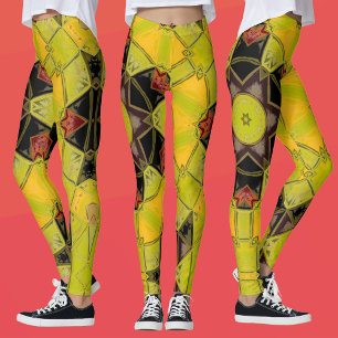 Mosaic Mandala Flower Yellow Green Red and Black Leggings