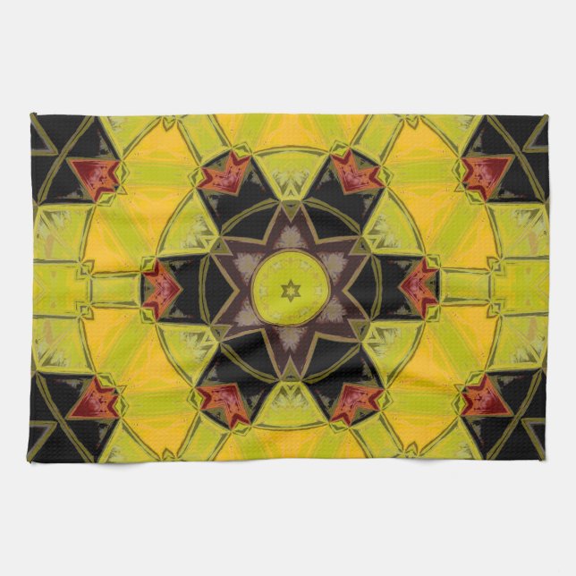 Mosaic Mandala Flower Yellow Green Red and Black Tea Towel (Horizontal)