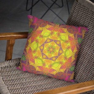 Mosaic Mandala Flower Yellow Orange and Purple Cushion