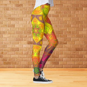Mosaic Mandala Flower Yellow Orange and Purple Leggings
