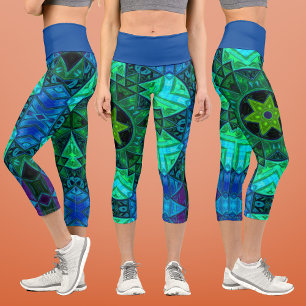 Mosaic Mandala Green and Blue Capri Leggings