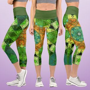 Mosaic Mandala Orange and Green Capri Leggings