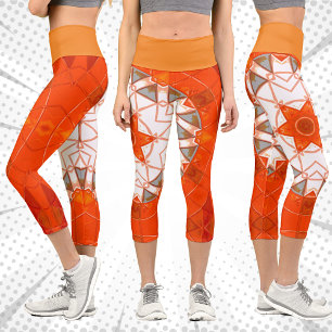 Mosaic Mandala Orange and White Capri Leggings