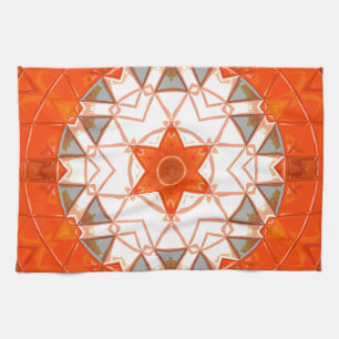 Mosaic Mandala Orange and White Tea Towel