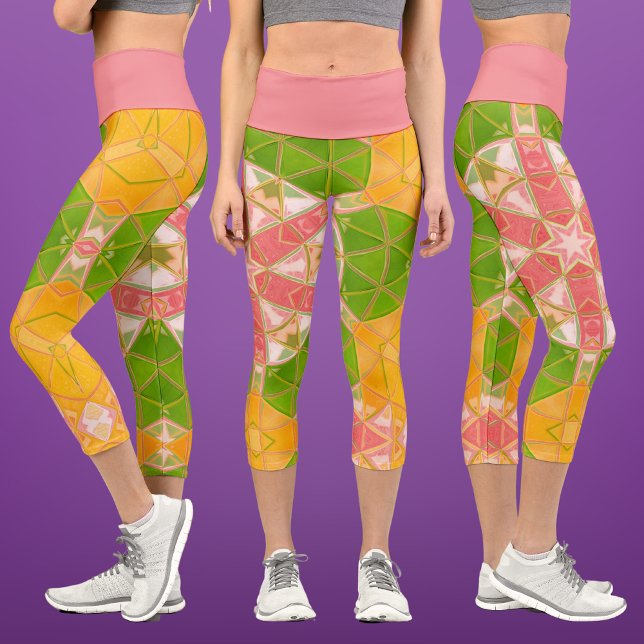 Mosaic Mandala Orange Green and Pink Capri Leggings (Creator Uploaded)