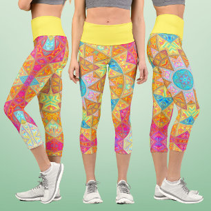Mosaic Mandala Yellow Pink and Blue Capri Leggings