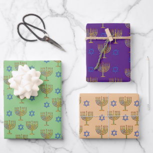 Mosaic Menorahs + Stars Wrapping Paper Sheet