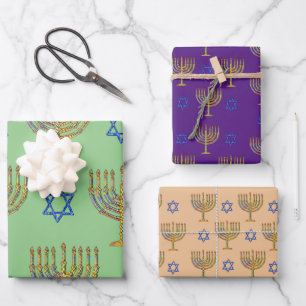 Mosaic Menorahs + Stars Wrapping Paper Sheets