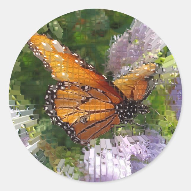 Mosaic Monarch Butterfly Resting on Flowers Classic Round Sticker (Front)