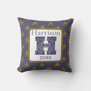Mosaic Monogram Initial Gold Stars Letter H Cushion