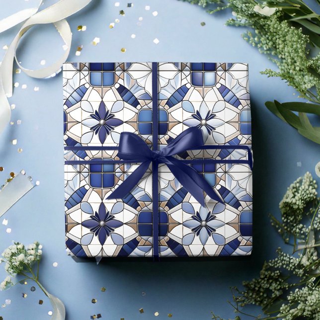 Mosaic Moroccan Tile Pattern#2 Blue White ID1078 Wrapping Paper (Creator Uploaded)
