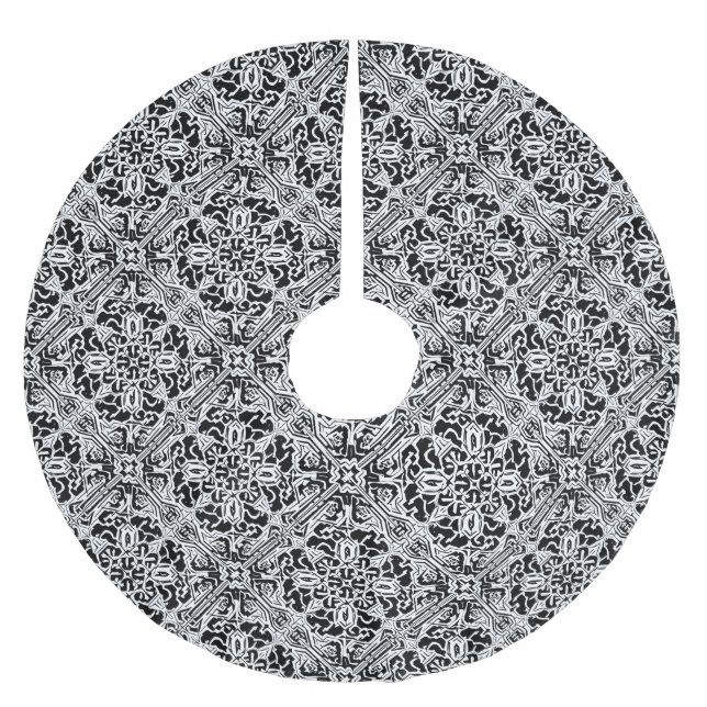 Mosaic Moroccan Tile Pattern in Black and White Brushed Polyester Tree Skirt (Front)