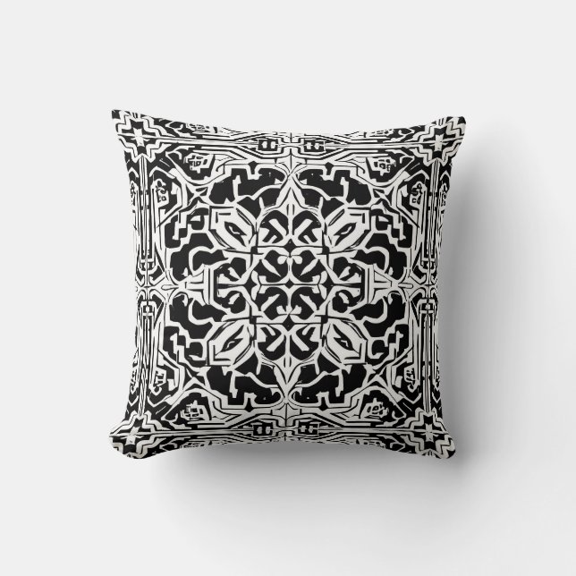 Mosaic Moroccan Tile Pattern in Black and White Cushion (Front)