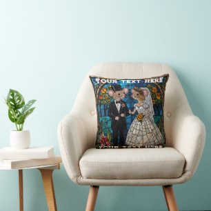 Mosaic Mouse Wedding Couple Stained Glass Effect. Cushion