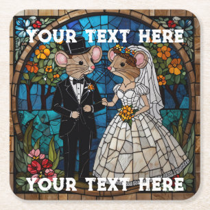 Mosaic Mouse Wedding Couple Stained Glass Effect. Square Paper Coaster