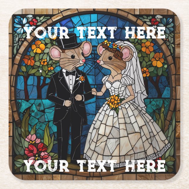 Mosaic Mouse Wedding Couple Stained Glass Effect. Square Paper Coaster (Front)